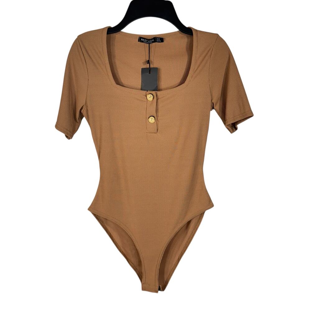 Nasty Gal SZ 4 Such a Square Bodysuit Top Ribbed Short Sleeve Stretch New